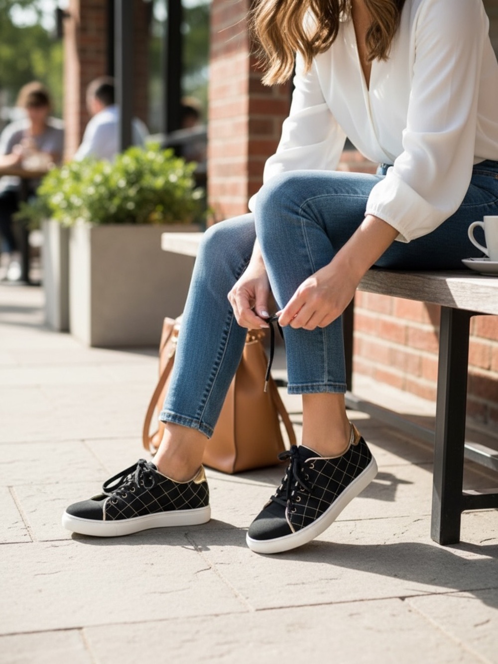 Charlotte Olympia Black and Nude Quilted Sneakers with Gold Trim